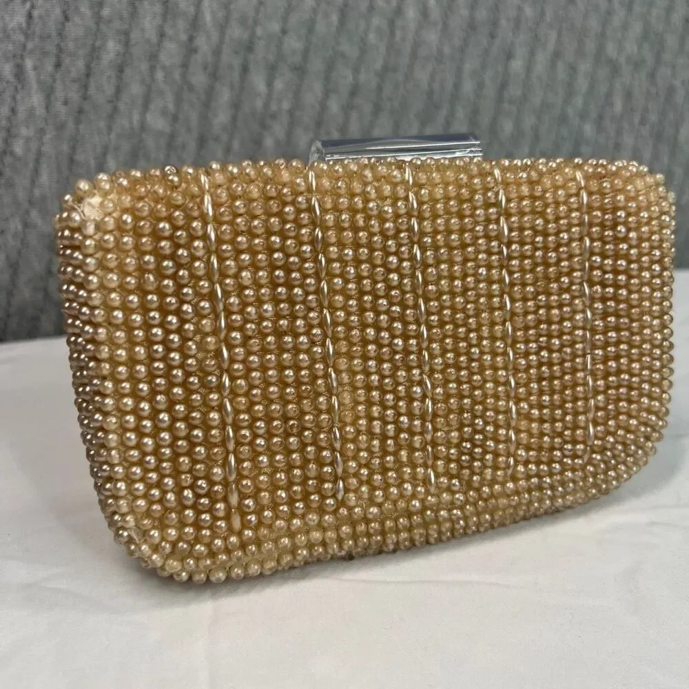 Vintage 50s Beaded Pearl Beaded Clutch Purse with Comb Japan Evening Bag‎